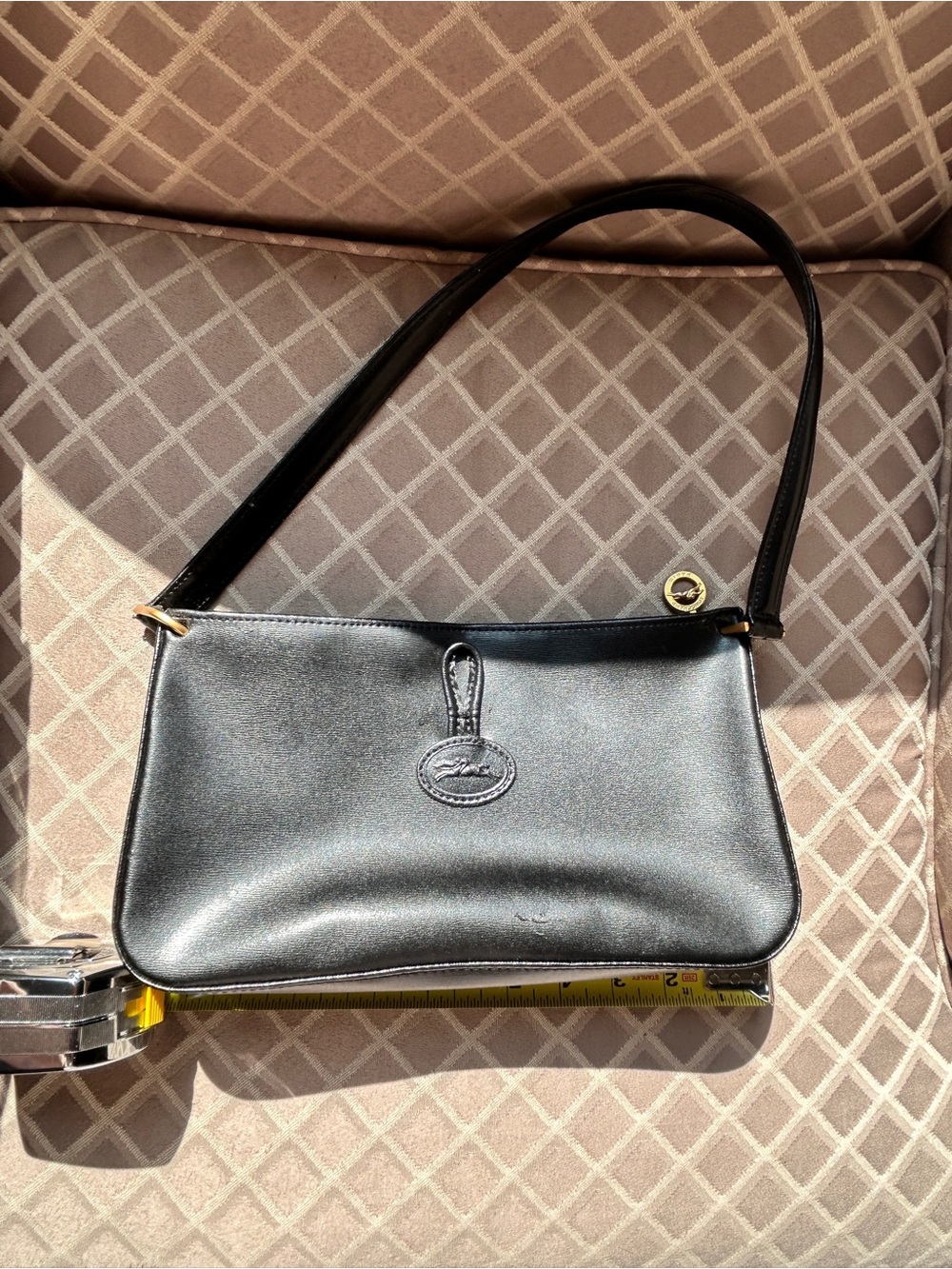 Vintage Longchamp Black Roseau Leather Shoulder Bag with Gold Accents